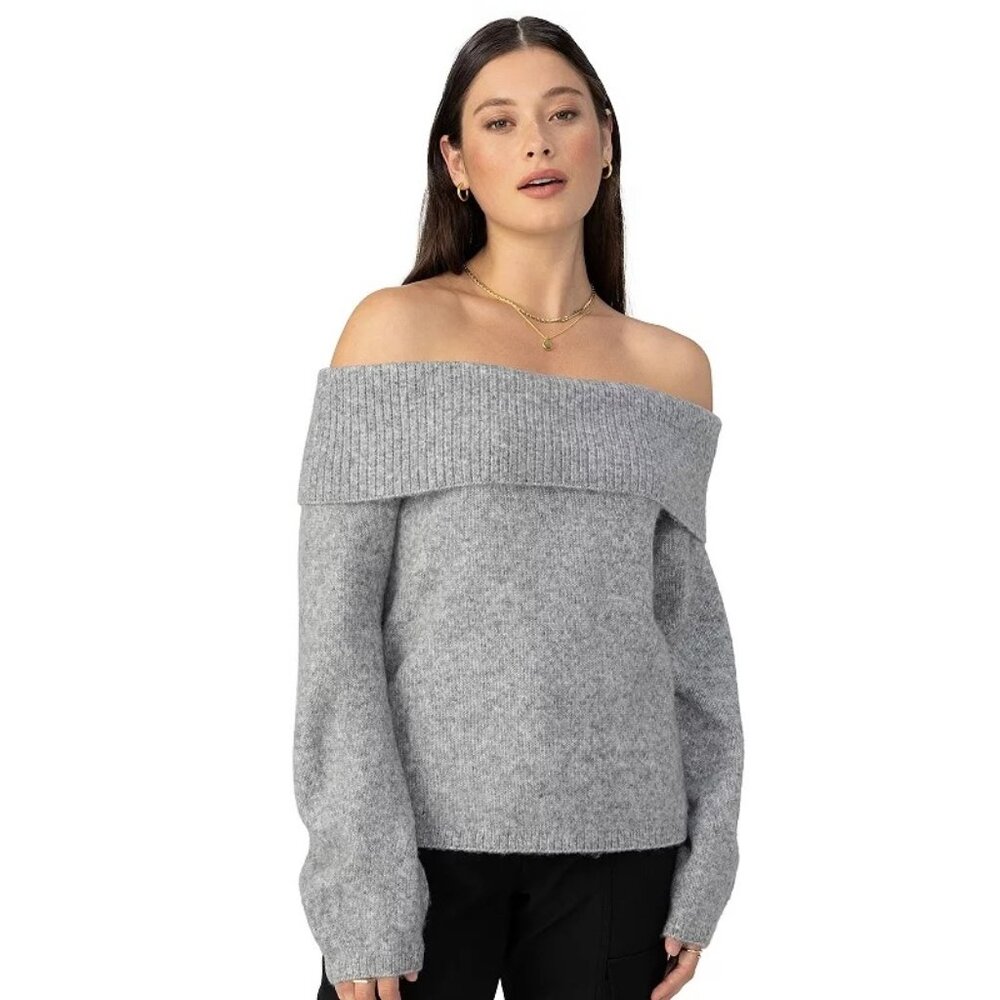 New Women Gray Modern Supply by Sanctuary Foldover Off-Shoulder Sweater Size L